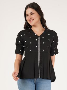 Brownverse - Black V-Neck Embroidered Puff Sleeves Top