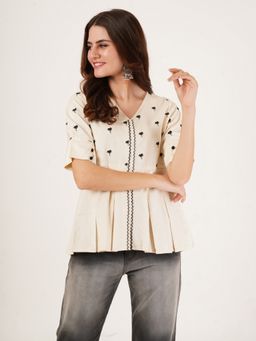 Brownverse - Off White V-Neck Embroidered Half Sleeves Top