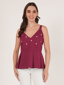 Brownverse - Wine V-Neck Embroidered Sleeveless Top
