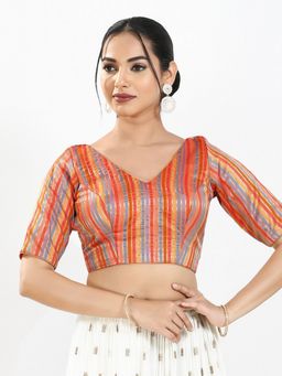 VAMAS - THE DESIGNER BLOUSES - Women Orange V-Neck Stripes Half Sleeves Padded Blouse