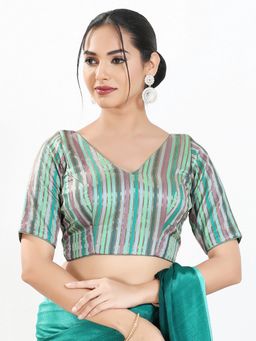 VAMAS - THE DESIGNER BLOUSES - Women Green V-Neck Stripes Half Sleeves Padded Blouse