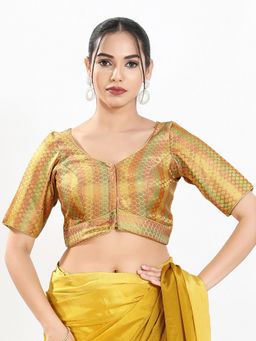 VAMAS - THE DESIGNER BLOUSES - Women Gold Round Neck Textured Half Sleeves Padded Blouse