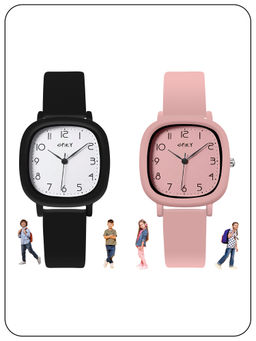 Spiky - Unique Square Casual Analog Kids Wrist Watch for Black and Pink (Pack of 2) (Medium)