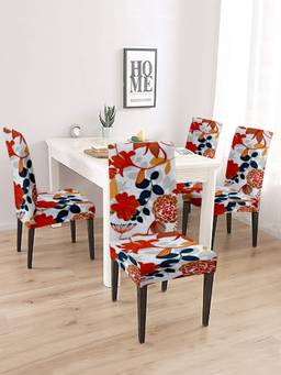 Cortina - Set of 4 Floral Printed White & Orange Chair Cover