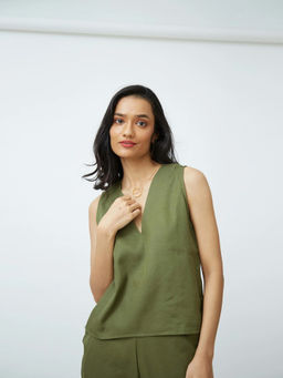 Saltpetre - Women Olive V-Neck Sleeveless Top