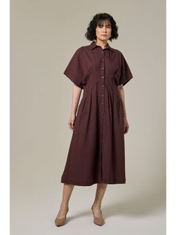 Studio Rabha - Mocha Pleated Cotton Linen Shirt Dress