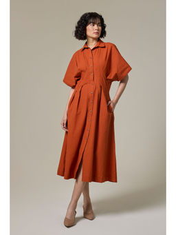 Studio Rabha - Orange Pleated Cotton Linen Shirt Dress