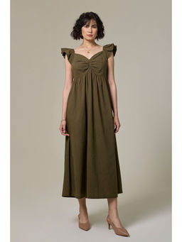 Studio Rabha - Olive Cotton Linen Sweetheart Dress