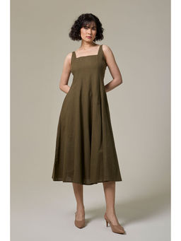 Studio Rabha - Olive Green Cotton Linen Square Neck Dress