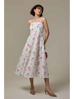 Studio Rabha - Off White Bougainvillea Printed Cotton Slub Strappy Dress