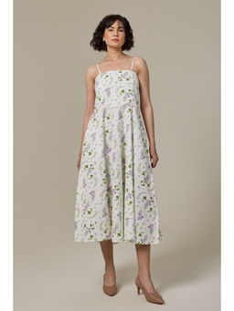 Studio Rabha - Off White Floral Printed Cotton Linen Strappy Dress