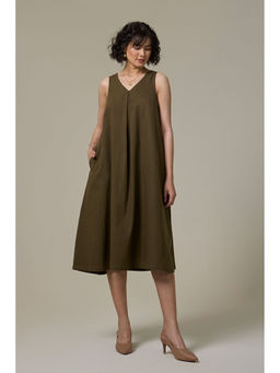 Studio Rabha - Olive Cotton Linen A-Line Dress