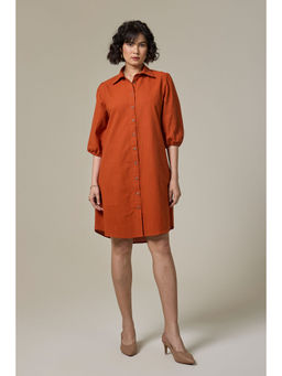 Studio Rabha - Rust Orange Cotton Linen Shirt Dress