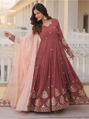 Wedani Sweetheart Neck Brown Anarkali Kurta with Pant and Dupatta