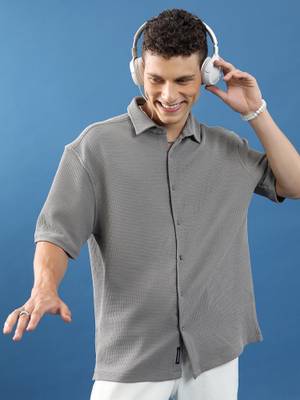 Buy HIGHLANDER Men Drop Shoulder Textured Oversized Grey Shirt (L