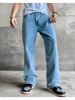 Women Blue Cloud Wash Hanging Pocket Straight Pants