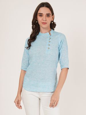 Brownverse Aqua Mandarin Neck Solid Three Fourth Sleeves Top