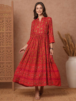 FASHOR - Pink Floral Printed Mirror & Sequins Maxi Dress With Waist Belt (Set of 2)