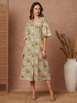 FASHOR - Floral Foil Printed A-Line Panelled Midi Cotton Flax Dress - Green
