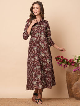 FASHOR - Floral Printed Wooden Buttoned Panelled Midi Dress - Brown