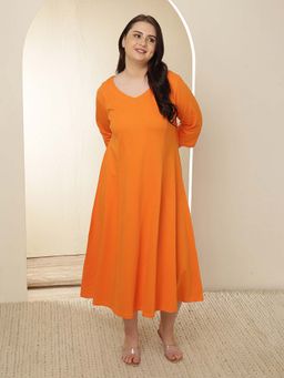 Amydus - Plus Size Orange Regular Cotton Dress