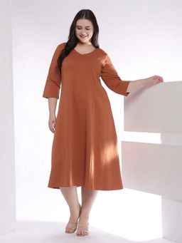 Amydus - Plus Size Rust Orange A-Line Cotton Dress