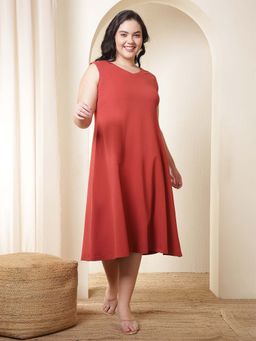 Amydus - Plus Size Rust Red A-Line Cotton Sleeveless Dress
