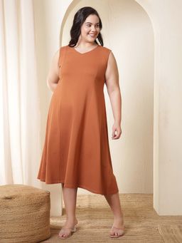 Amydus - Plus Size Rust Orange A-Line Cotton Sleeveless Dress