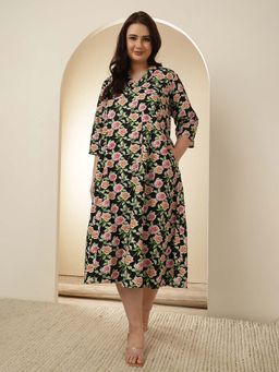 Amydus - Plus Size Black Floral Cotton Midi Dress