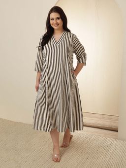Amydus - Plus Size Black And White Striped Cotton Midi Dress