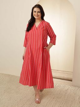 Amydus - Plus Size Red Stripe Cotton Midi Dress