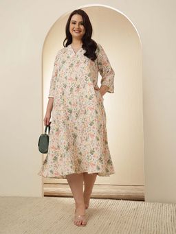 Amydus - Plus Size Floral Print Cotton Midi Dress
