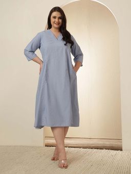 Amydus - Plus Size Light Blue Cotton Midi Dress