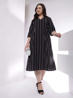 Amydus - Plus Size Black Vertical Stripe Cotton Midi Dress