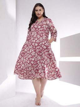 Amydus - Plus Size Purple Taupe Floral Print Cotton Midi Dress