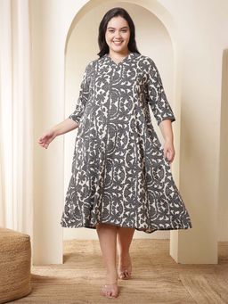 Amydus - Plus Size Black And Beige Printed Cotton Midi Dress