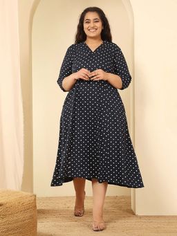 Amydus - Plus Size Navy Blue Polka Dot Cotton Midi Dress