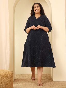 Amydus - Plus Size Navy Blue Dobby Weave Cotton Midi Dress