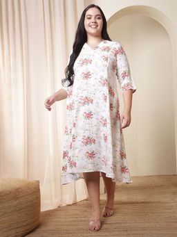 Amydus - Plus Size White Floral Print Midi Dress
