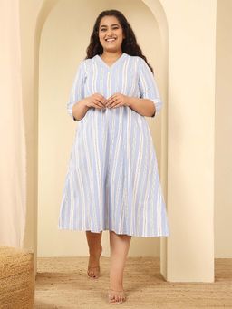 Amydus - Plus Size Powder Blue Striped Cotton Midi Dress