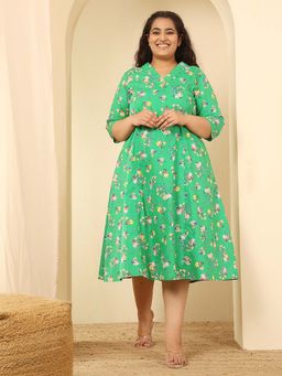 Amydus - Plus Size Green Floral Print Cotton Midi Dress