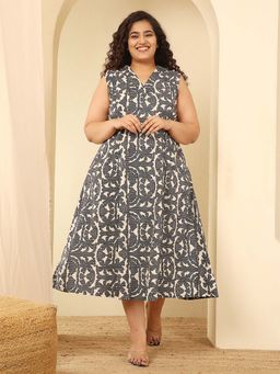 Amydus - Plus Size Black And Beige Abstract Print Sleeveless Cotton Midi Dress