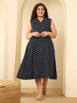 Amydus - Plus Size Navy Blue Polka Dot Sleeveless Cotton Midi Dress