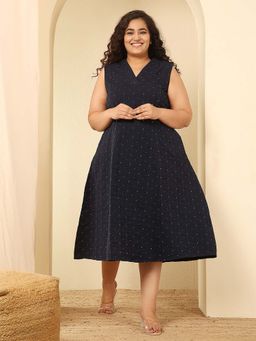 Amydus - Plus Size Navy Blue Dobby Weave Sleeveless Cotton Midi Dress