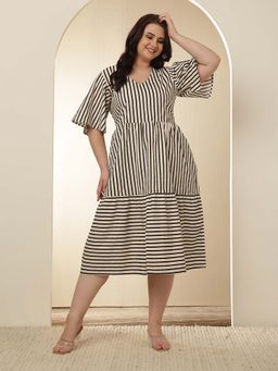 Amydus - Plus Size Black And White Striped Tiered Cotton Dress
