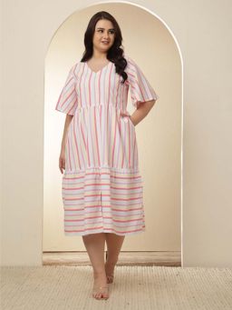 Amydus - Plus Size White Pink Striped Tiered Cotton Dress