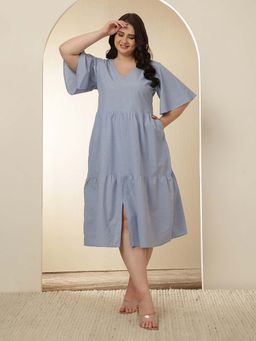 Amydus - Plus Size Light Blue Tiered Cotton Dress
