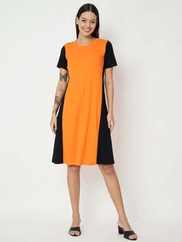 BRINNS - Colorblock Round Neck Pure Cotton Orange T-Shirt Knee Length Dress