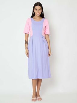 BRINNS - Colorblock Pure Cotton Lavender A-Line Midi Dress