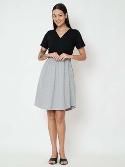 BRINNS - Women V-Neck Black Fit And Flare Knee Length Dress